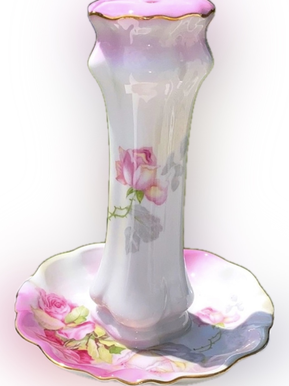 Antique Hand Painted Nippon Porcelain Hat Pin Holder with Tray Pink Rose Gilt.